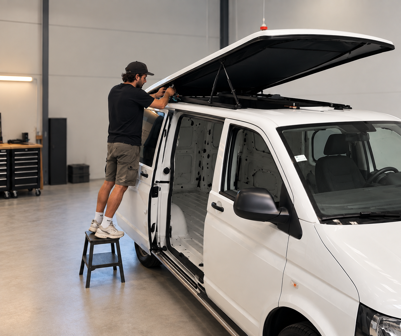 Werk aan het dak van de camper
